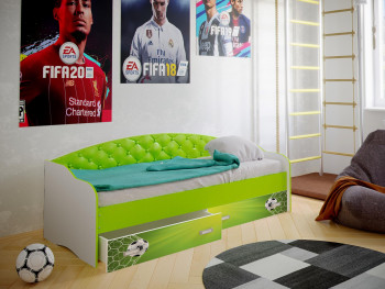 Кровать Софа-8 с мягкой спинкой фотопечать Футбол (900х1900) Белый/Лайм в Венгерово - vengerovo.mebel54.com | фото
